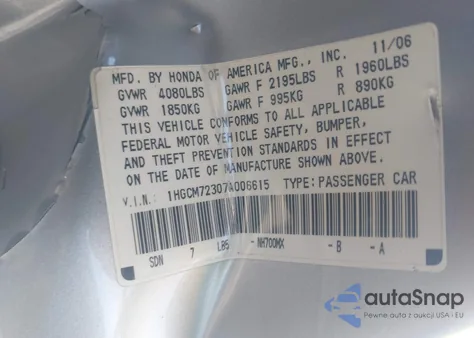 2007 Honda Accord 2.4 Lx из США, поврежденный, VIN 1HGCM72307A006615